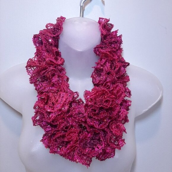 3/$20 Handmade Ruffled Sequin Infinity Scarf Magenta Stretchy Fall Winter - Picture 6 of 11